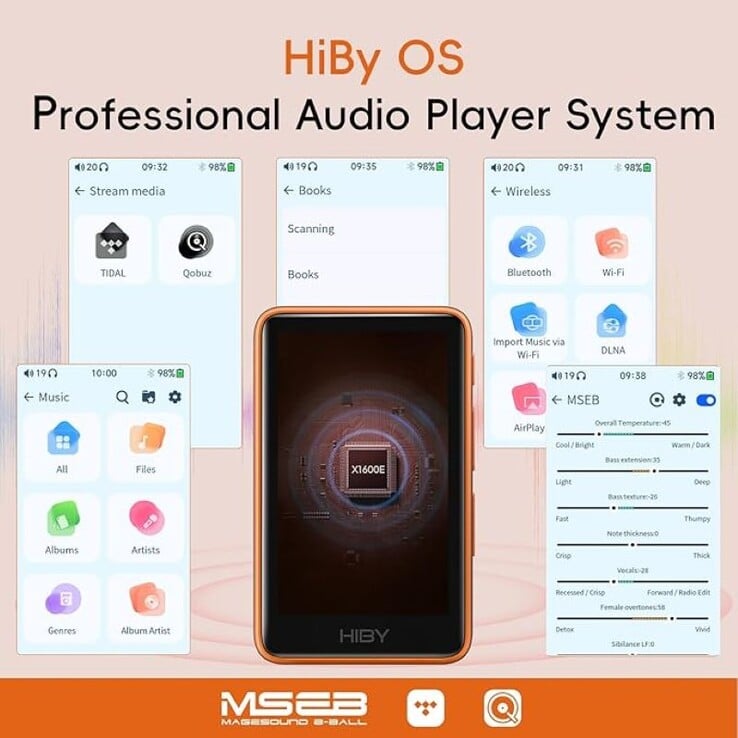 O HiBy R1 utiliza um sistema operacional baseado em Linux que suporta streaming e reprodução local de música em alta resolução, e vem com controles de áudio MSEB para ajuste de nuances do áudio. (Fonte da imagem: HiBy Music)