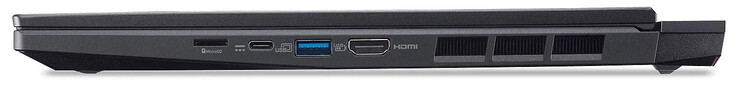 Lado direito: Slot para cartão MicroSD, USB 3.2 Gen 2 (USB-C; Power Delivery, DP Alt Mode), USB 3.2 Gen 2 (USB-A), HDMI