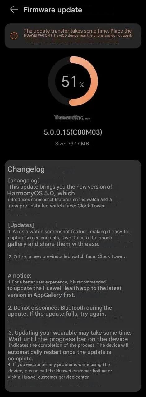 As notas de lançamento da versão 5.0.0.15 para o Watch Fit 3. (Fonte da imagem: Huaweiblog.de via Google Translate)