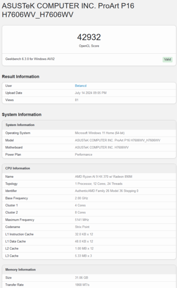 Pontuação do AMD Radeon 890M no Geekbench OpenCL (imagem via Geekbench)