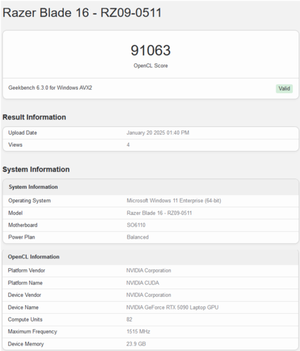 Laptop GeForce Resultado da placa de vídeo RTX 5090 no Geekbench (fonte da imagem: Geekbench)