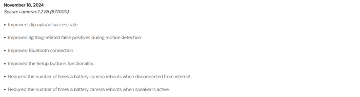 O registro de alterações da versão de atualização 1.2.26 das câmeras Philips Hue Secure. (Fonte da imagem: Philips Hue)