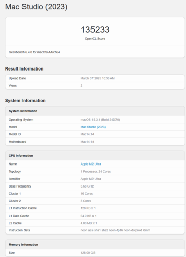 Apple Pontuação OpenCL da GPU do M2 Ultra no Geekbench (pontuação da imagem Geekbench)