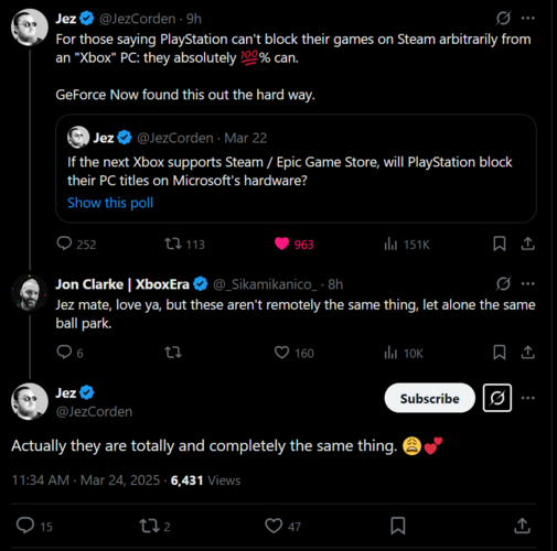 Postagem de Jez Corden X sobre o bloqueio de portas de PC pela Sony (Fonte da imagem: captura de tela, conta de Jez Corden X)