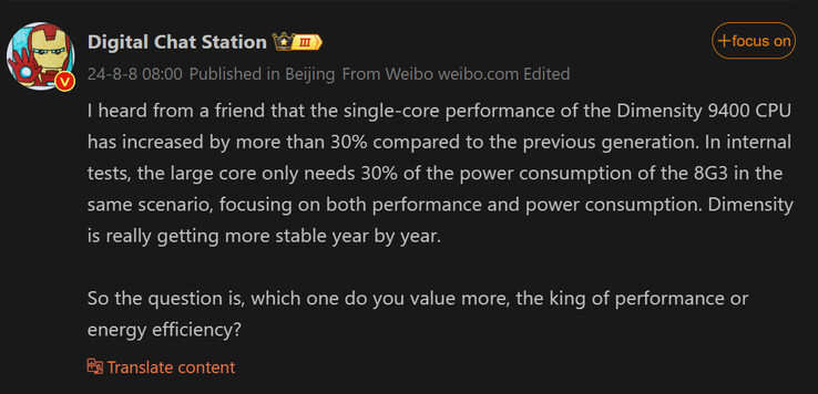 Último relatório da Digital Chat Station sobre a Dimensity 9400 (Fonte da imagem: Weibo)