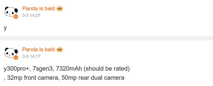 As principais especificações do Vivo Y300, compartilhadas pelo Panda, são carecas (Fonte da imagem: Weibo - tradução automática)