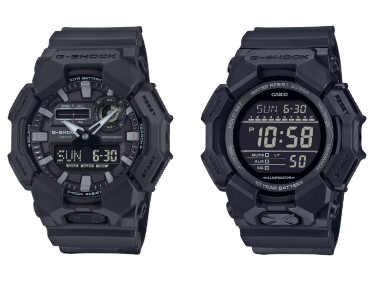 Os relógios Casio G-Shock GA-010-1A1 (esquerda) e GD-010-1A1 (direita). (Fonte da imagem: Casio)