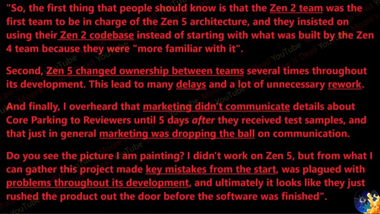 O Zen 5 estava supostamente em um inferno de desenvolvimento. (Fonte da imagem: Moore's Law Is Dead no YouTube)