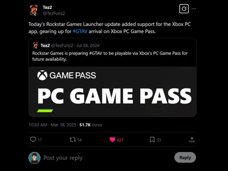 Tez2 GTA 5 PC Game Pass rumor X post (Fonte da imagem: captura de tela, conta Tez2 X)