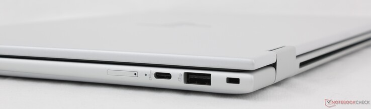 À direita: Slot Nano-SIM (opcional), USB-C com Power Delivery + DisplayPort 1.4 (10 Gbps), USB-A 3.2 Gen. 1 (5 Gbps), slot Nano lock