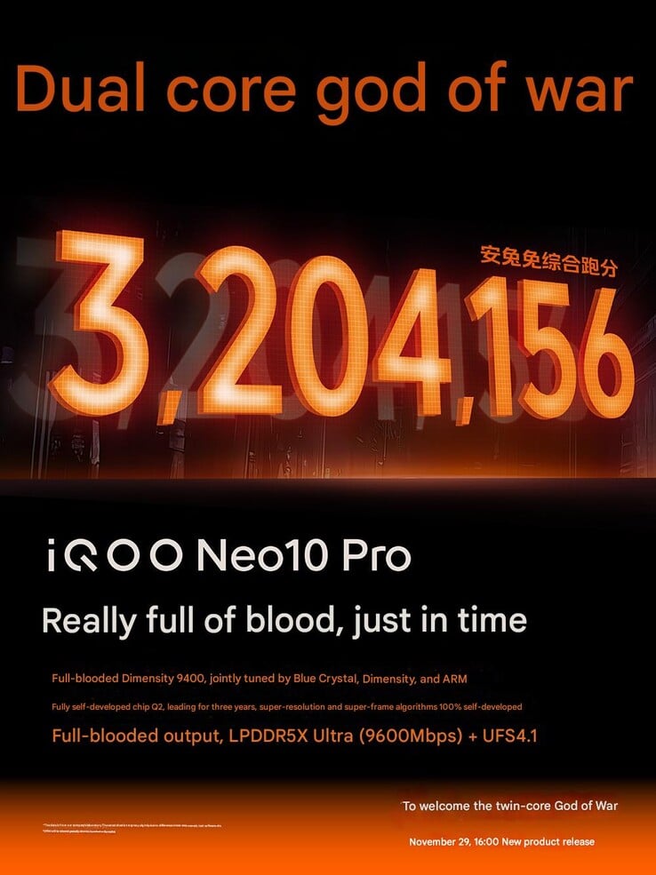 pontuação recorde do AnTuTu do iQoo Neo 10 Pro (Fonte da imagem: iQoo - tradução automática)