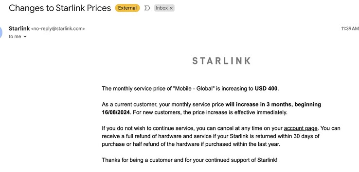 Os preços da Internet Starlink para a camada Mobile Global dobrarão