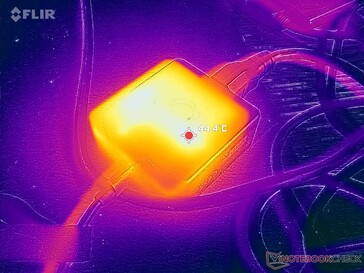 O adaptador CA atinge mais de 44 °C ao operar cargas exigentes por longos períodos