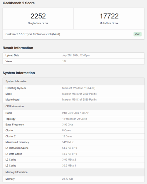 Pontuação do Intel Core Ultra 7 265KF no Geekbench 5.5 (fonte da imagem: Geekbench)