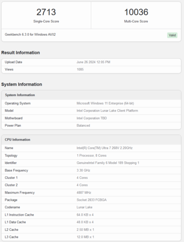 Pontuação do Intel Core Ultra 7 268V no Geekbench (imagem via Geekbench)