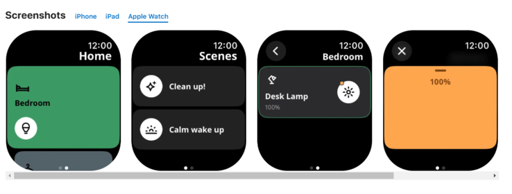 Capturas de tela do novo aplicativo IKEA Home Smart para Apple Watch. (Fonte da imagem: Apple App Store)