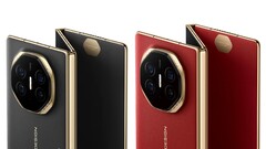 O Mate XT da Huawei, detalhado nas cores preto escuro e &#039;Ruihong&#039;, conforme exibido na página VMall da empresa. (Fonte da imagem: Huawei)