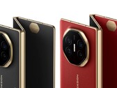 O Mate XT da Huawei, detalhado nas cores preto escuro e 'Ruihong', conforme exibido na página VMall da empresa. (Fonte da imagem: Huawei)