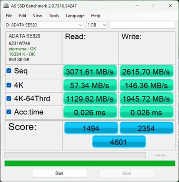 Verificação de desempenho com o ADATA SE920 via USB4