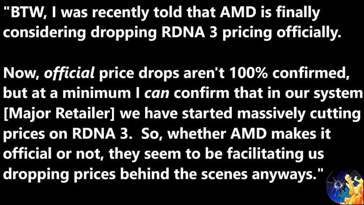 Vazamento do corte de preço do AMD RDNA 3. (Fonte da imagem: Moore's Law Is Dead no YouTube)