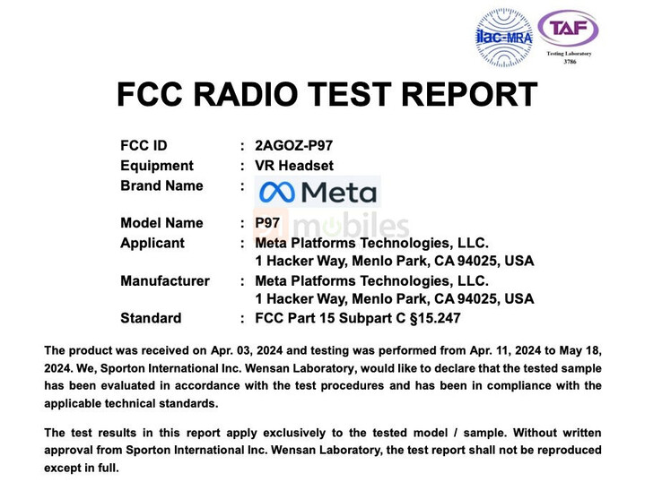 Listagem da FCC do fone de ouvido VR (Fonte da imagem: 91mobiles)