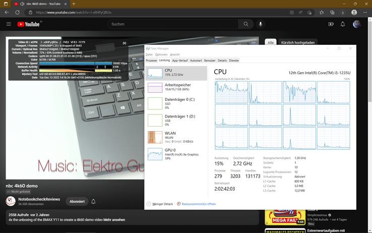 reprodução 4K no YouTube: poucos quadros descartados e alta utilização de ~60% no Intel Xe G7 80EUs