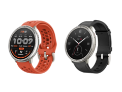 Smartwatch Amazfit Active 2 em silicone esportivo vermelho (esquerda) e couro preto (direita), com preços de US$ 99,99 e US$ 129,99, respectivamente. (Fonte da imagem: Amazfit)