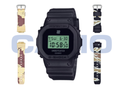 O Casio x Undefeated G-Shock DWE-5600UD-1, com a pulseira desert camo (esquerda) e a pulseira woodland camo (direita). (Fonte da imagem: Casio)