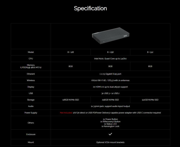 A folha de especificações completa do Mini PC Palmshell SLiM X4L. (Fonte da imagem: Palmshell)