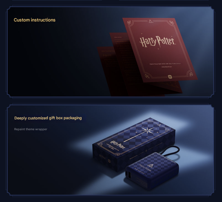 A embalagem e o manual de instruções do Xiaomi 33W Power Bank 10000 (cabo integrado) Harry Potter Edition. (Fonte da imagem: Xiaomi, tradução automática via Google Translate)
