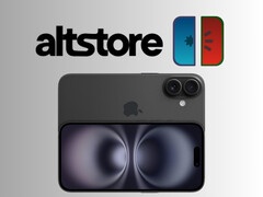 Logotipos da AltStore e da meloNX acima do iPhone 16 (Fonte da imagem: Apple, AltStore, meloNX com edições)