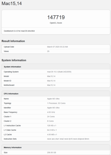 Apple Pontuação OpenCL da GPU do Geekbench do M3 Ultra (pontuação da imagem Geekbench)