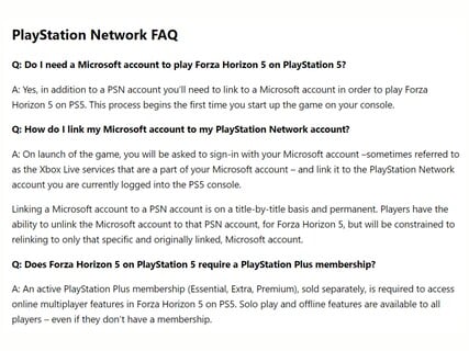 Perguntas frequentes sobre a conta da PSN do Forza Horizon 5 (Fonte da imagem: site de suporte do Forza Horizon 5)