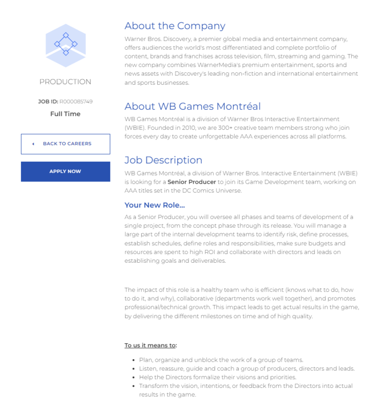 A lista completa de empregos no site da WB Games Montréal. (Fonte da imagem: WB Games Montréal Jobs)