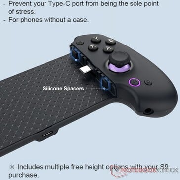 Espaçadores de silicone serão incluídos com o controlador do S9 para ajudar a segurar os telefones nus no lado do conector USB-C do dock. (Fonte da imagem: Abxylute)