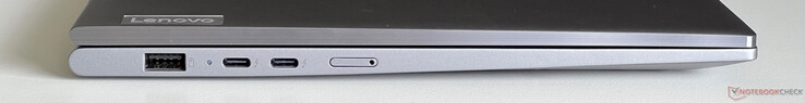 Esquerda: USB-A 3.2 Gen 1 (5 Gbit/s, sempre ligado), 2x USB-C 4.0 com Thunderbolt 4 (40 Gbit/s, DisplayPort 2.1, Power Delivery 3.0), cartão Nano SIM